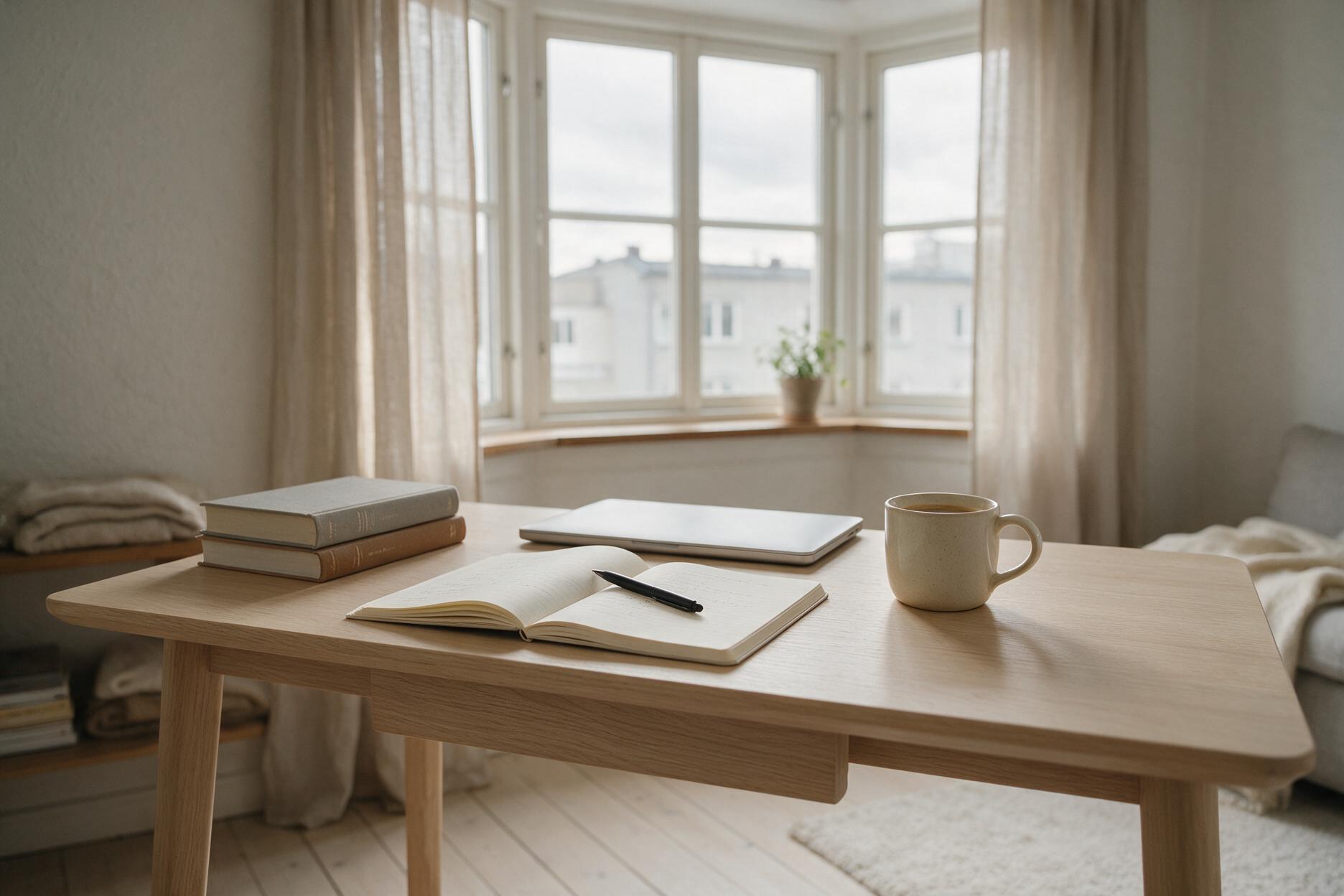 Studiepult ved et vindu med notatbok og kaffekopp